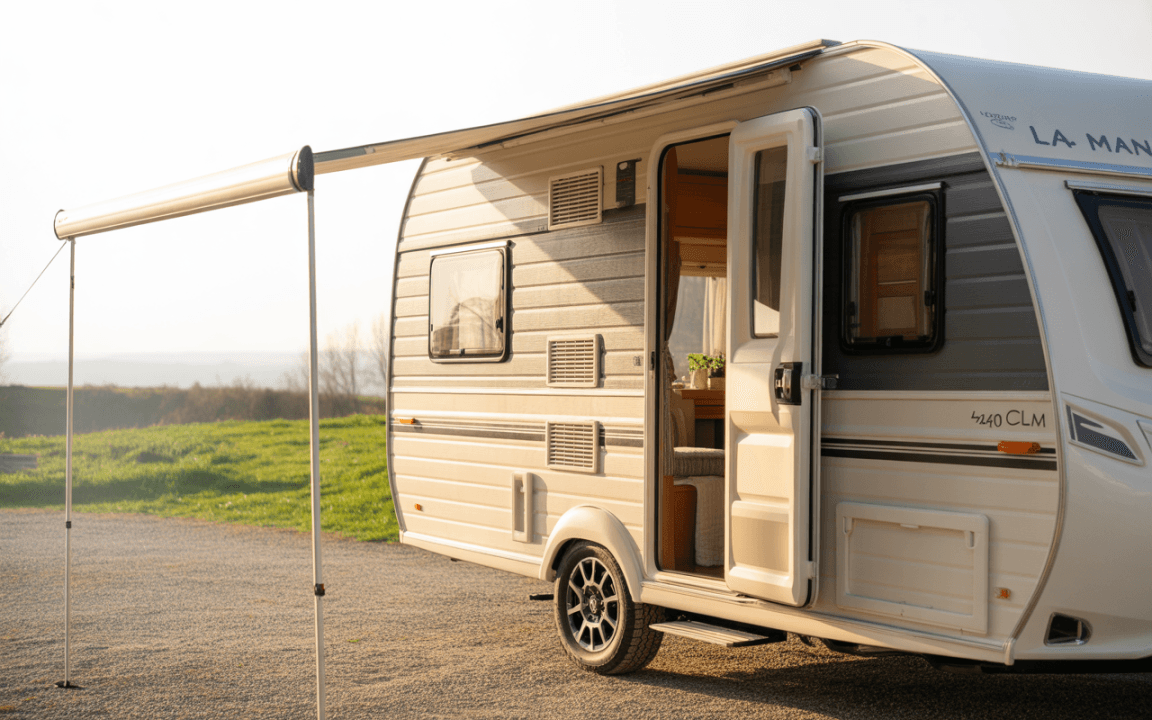 Caravane moderne avec auvent déployé, porte ouverte, vue sur intérieur lumineux et espace herbeux à l'arrière, ciel clair.