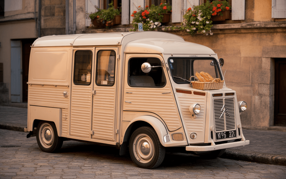 Véhicule rétro beige, type fourgonnette Citroën, garé sur une rue pavée, avec un panier de pain à l'avant.