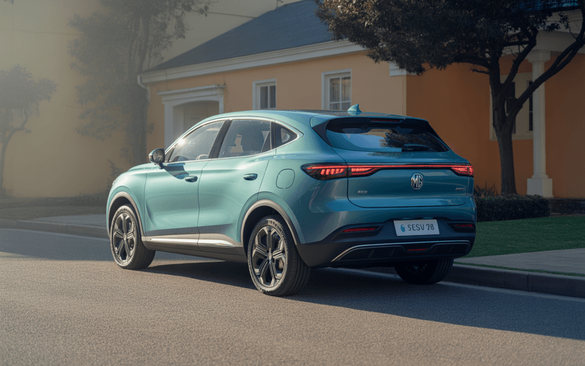 SUV moderne de couleur turquoise, vu de l'arrière, garé sur une rue pavée, avec une maison colorée en arrière-plan.