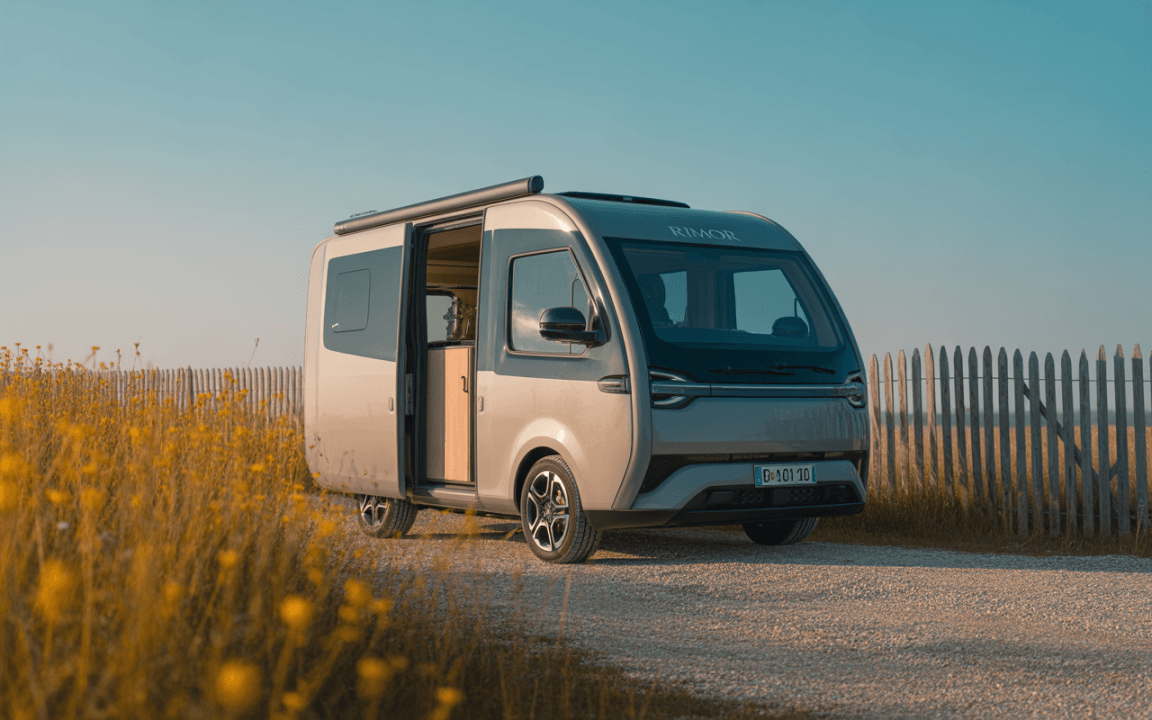 Véhicule récréatif moderne garé sur une route gravillonnée, entouré de fleurs jaunes et d'une clôture en bois sous un ciel bleu.