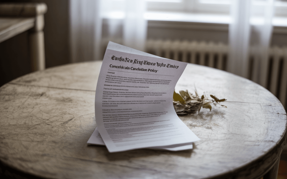 Document de politique d'annulation posé sur une table en bois, avec une branche de feuilles à côté, lumière naturelle en arrière-plan.