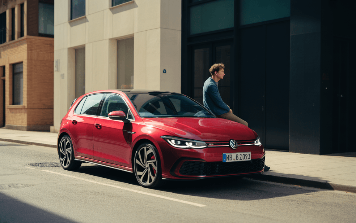 Un homme assis sur une voiture Volkswagen rouge, garée dans une rue urbaine, avec des bâtiments modernes en arrière-plan.