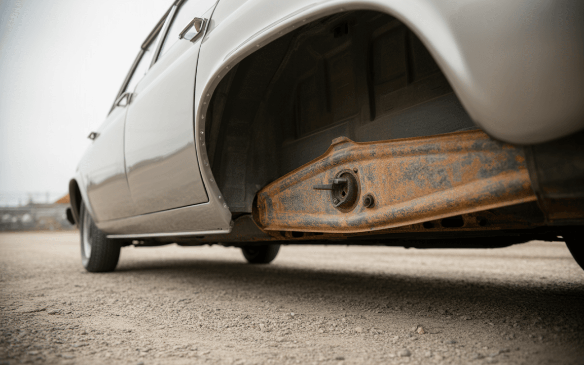 Vue en contre-plongée d'une voiture classique, montrant un dessous légèrement rouillé sur un sol gravillonneux.