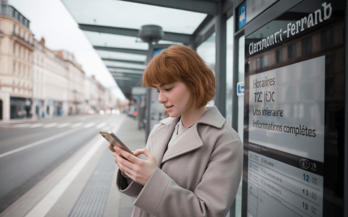 Femme au manteau beige regardant son téléphone à un arrêt de bus à Clermont-Ferrand, avec un panneau d'horaires en arrière-plan.