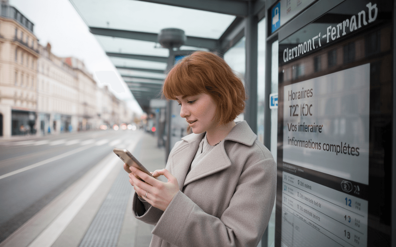 Femme au manteau beige regardant son téléphone à un arrêt de bus à Clermont-Ferrand, avec un panneau d'horaires en arrière-plan.