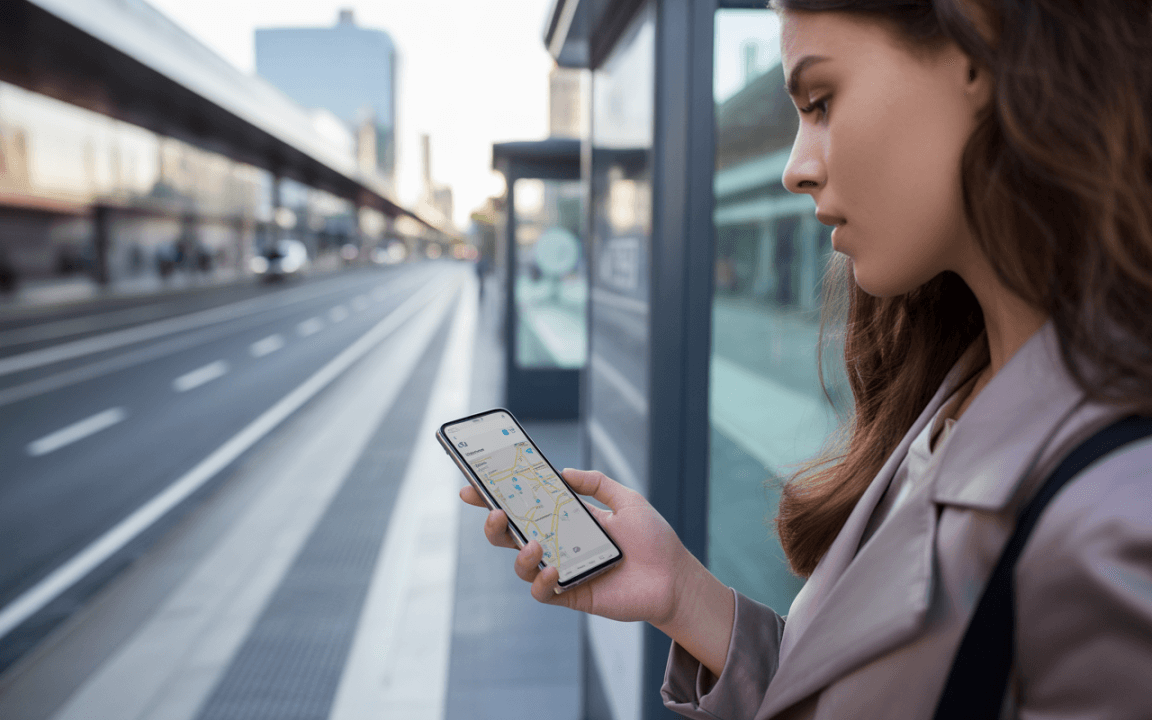 Femme consultant une carte sur son smartphone, attendant à un arrêt de tram dans une ville moderne et urbaine.