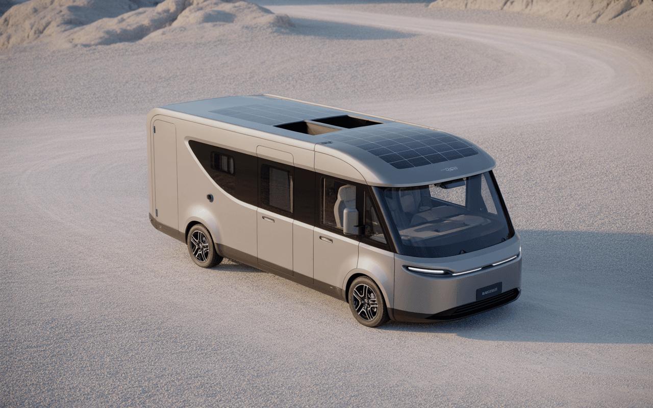 Camping-car moderne avec un design aérodynamique, panneaux solaires sur le toit, stationné sur un terrain désertique.