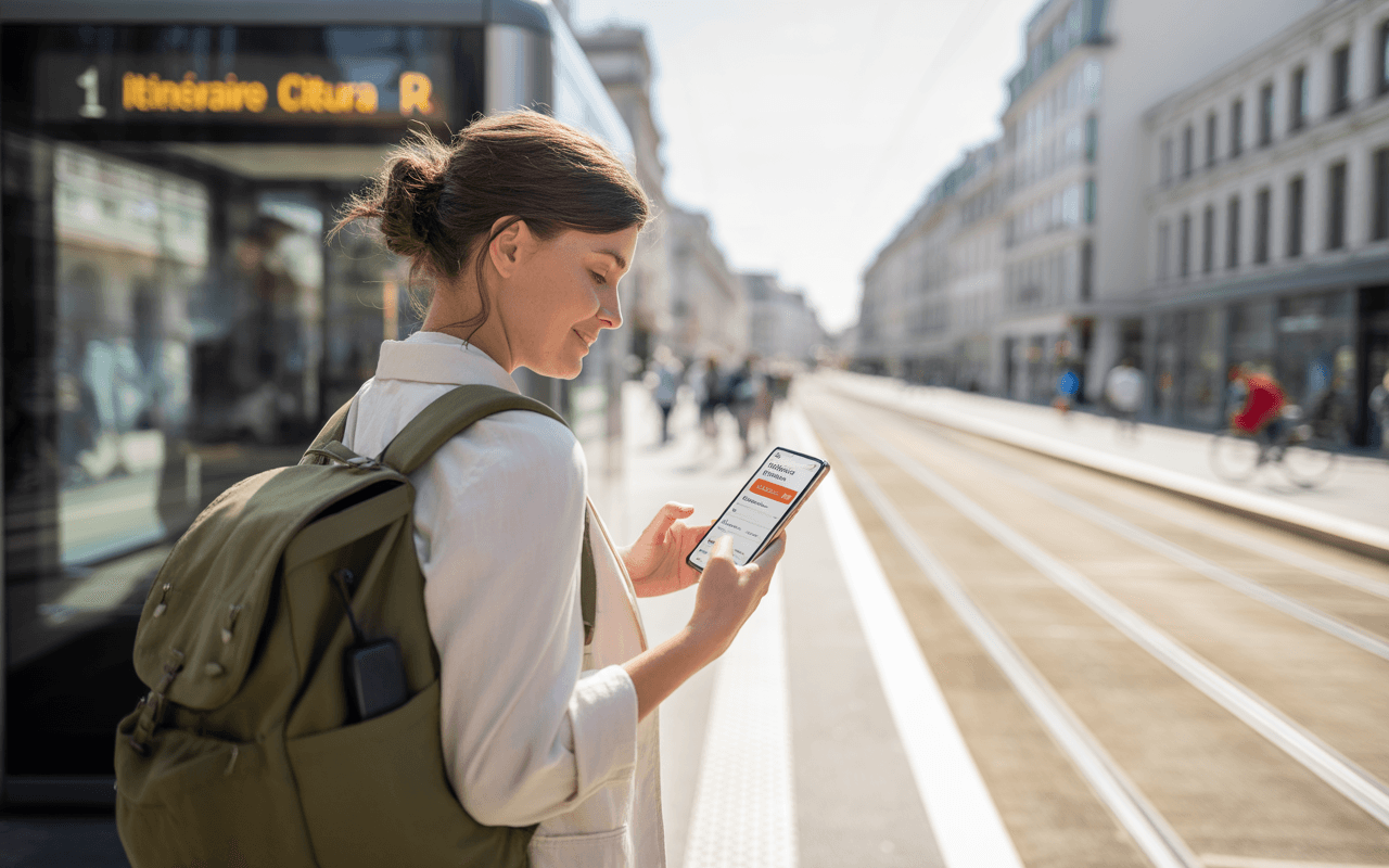 Une jeune femme avec un sac à dos consulte son smartphone près d'un arrêt de tramway dans une rue animée.