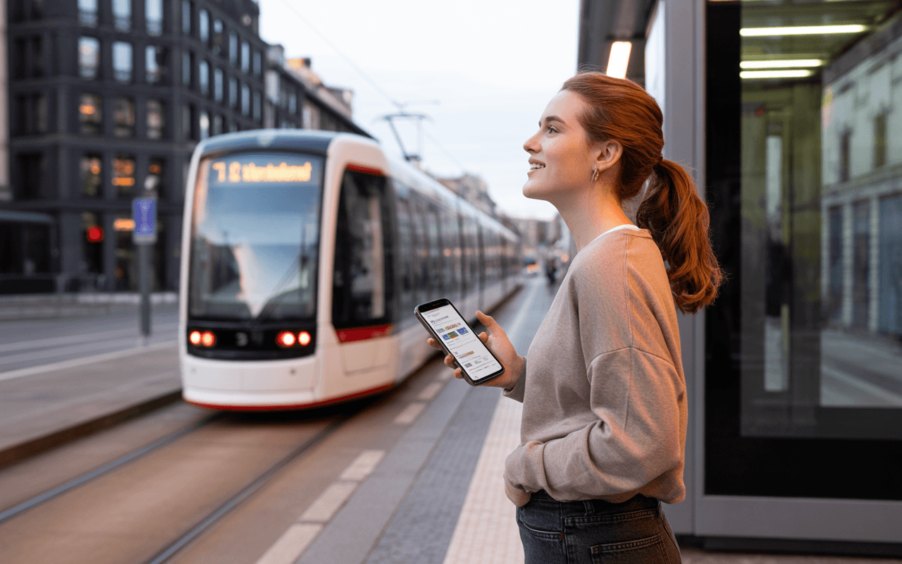 Une jeune femme attend un tramway, regardant son téléphone. En arrière-plan, le tram se dirige vers elle.