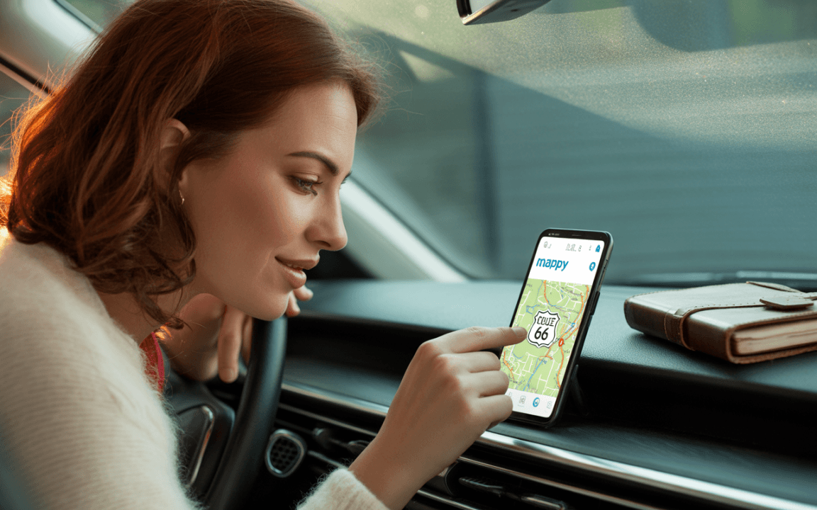 Femme regardant un smartphone avec une carte affichant la route 66, assise dans une voiture. Un carnet est à côté.