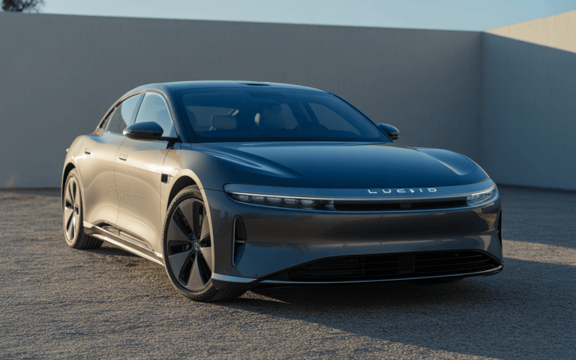 Voiture électrique Lucid avec une carrosserie grise, design futuriste, positionnée sur un fond minimaliste en extérieur.