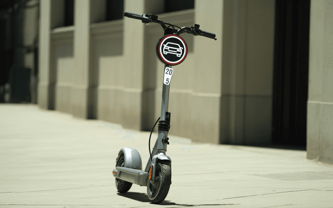 Trottinette électrique garée sur un trottoir, avec un panneau d'interdiction de stationnement pour voitures en arrière-plan.