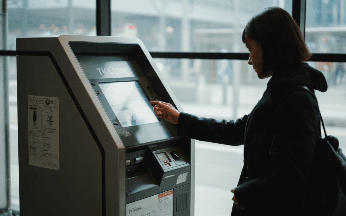 Une femme utilisant un distributeur de tickets, touchant l'écran dans un espace public lumineux, avec des passants en arrière-plan.