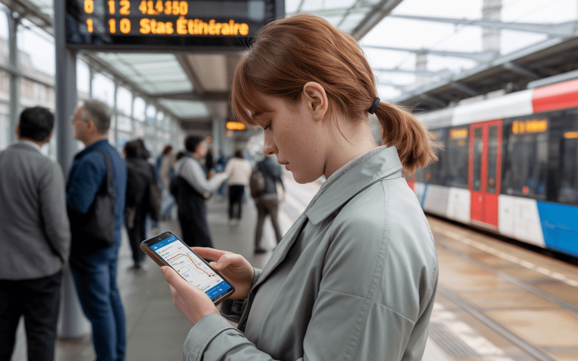Une jeune femme consulte son téléphone sur un quai de tramway, tandis que d'autres passagers attendent, station éclairée.