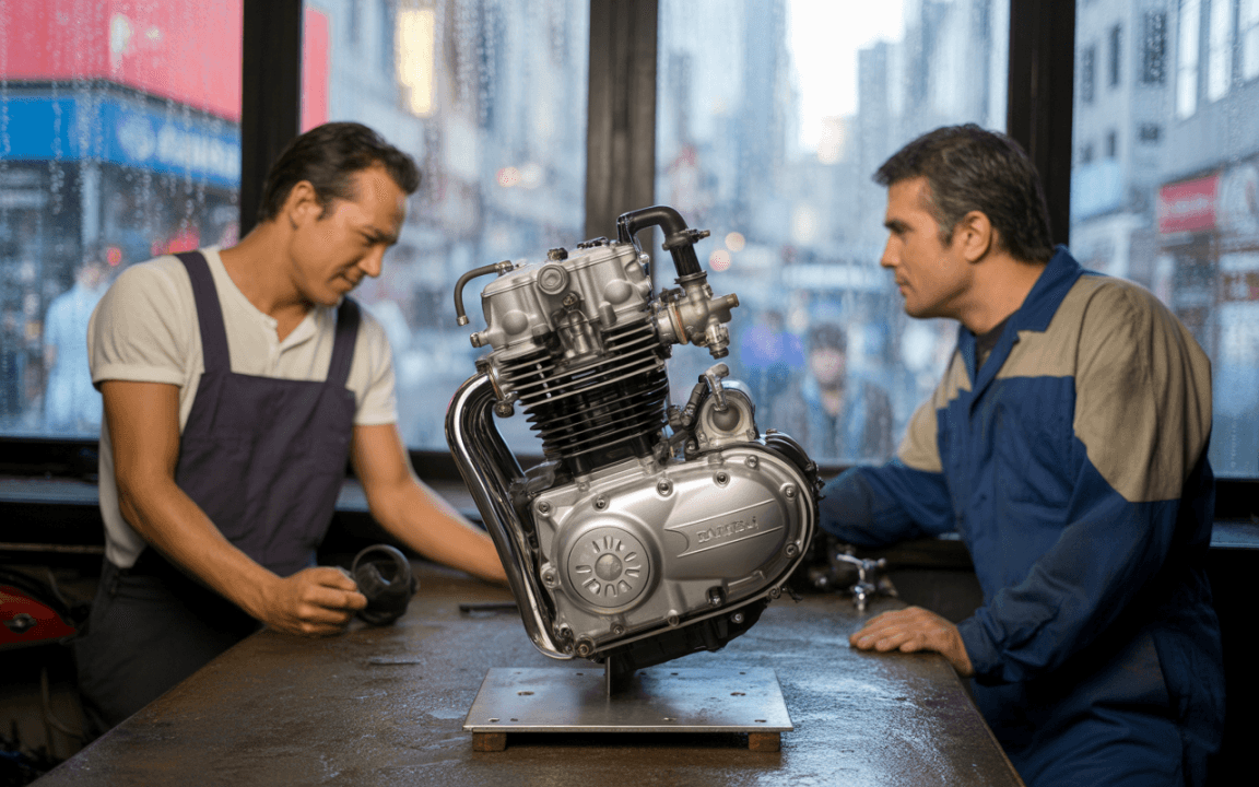 Deux mécaniciens examinent un moteur de moto sur un établi, avec des reflets de pluie visibles à la fenêtre en arrière-plan.