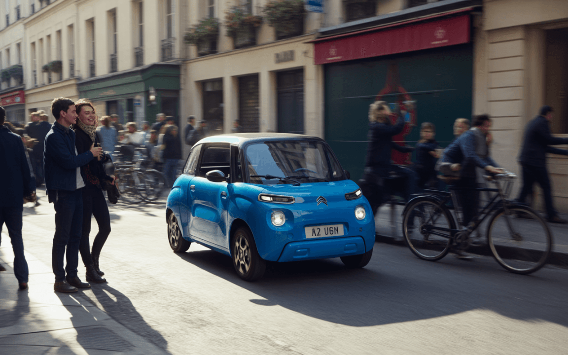 Une voiture électrique bleue traverse une rue animée de Paris, tandis qu’un couple souriant se tient sur le côté.