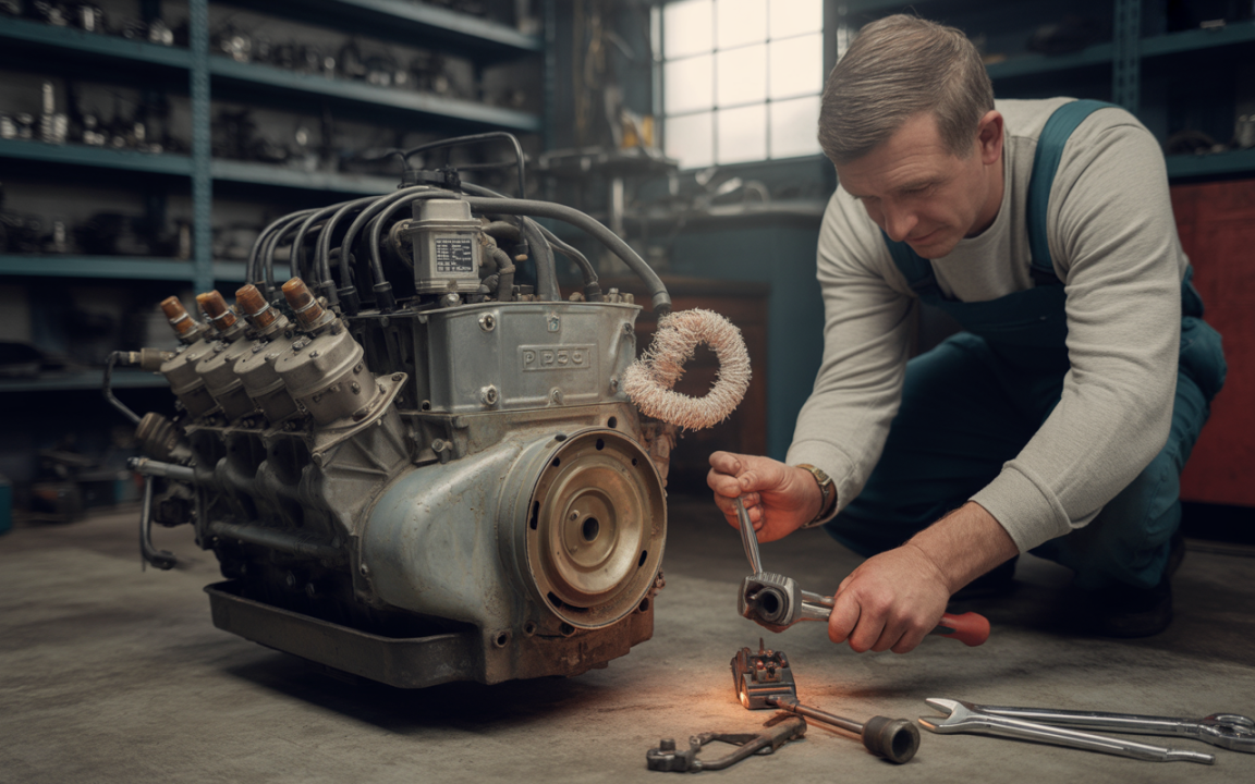 Un mécanicien travaille sur un moteur dans un atelier, utilisant des outils, entouré de pièces de rechange.
