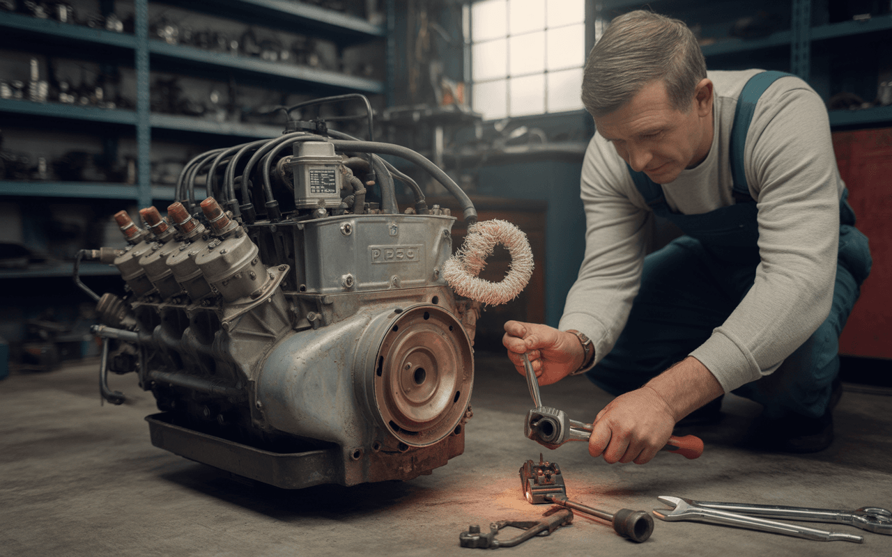 Un mécanicien travaille sur un moteur dans un atelier, utilisant des outils, entouré de pièces de rechange.