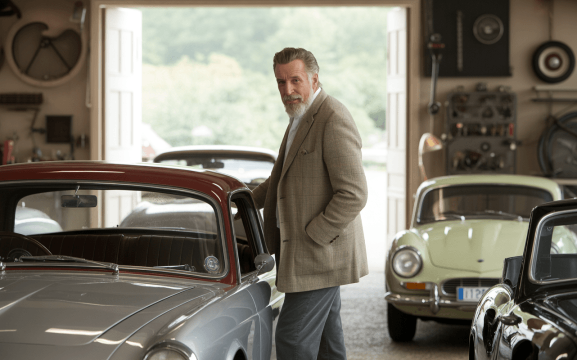 Homme en costume, se tenant près d'une voiture vintage dans un garage lumineux avec plusieurs voitures anciennes en arrière-plan.