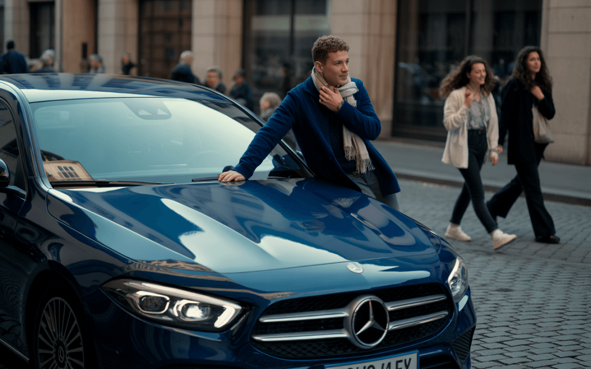 Un homme, élégamment habillé, pose sur une voiture Mercedes bleue, tandis que des passants circulent en arrière-plan.