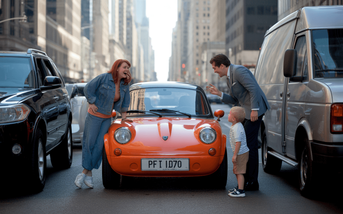 Un homme en costume discute avec une femme souriante près d'une petite voiture orange, avec un enfant curieux à leurs côtés.