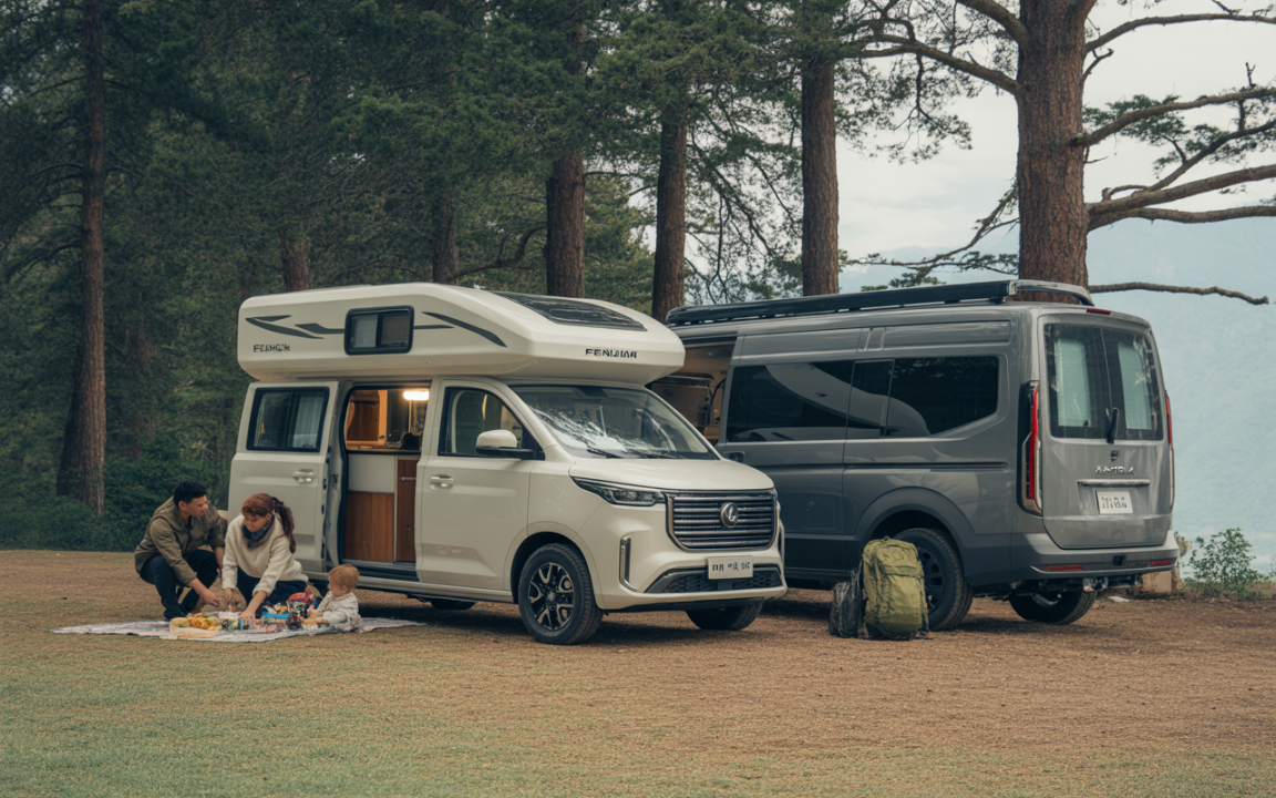 Une famille pique-nique devant un camping-car blanc et un van gris, entourée de arbres dans un environnement naturel.
