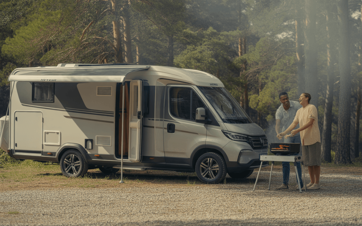 Deux personnes rient près d'un camping-car, en train de cuisiner sur un barbecue, entourées de nature verdoyante.