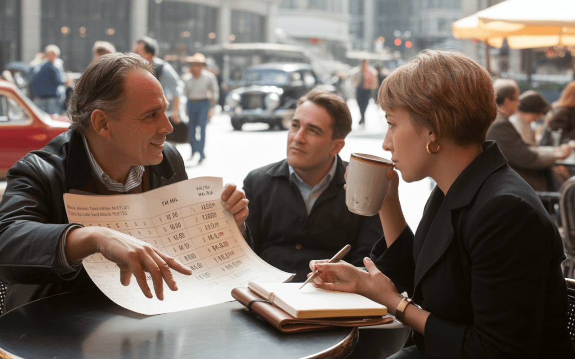 Trois personnes discutent autour d'une table en extérieur, avec une feuille de papier et un carnet, dans un cadre urbain animé.