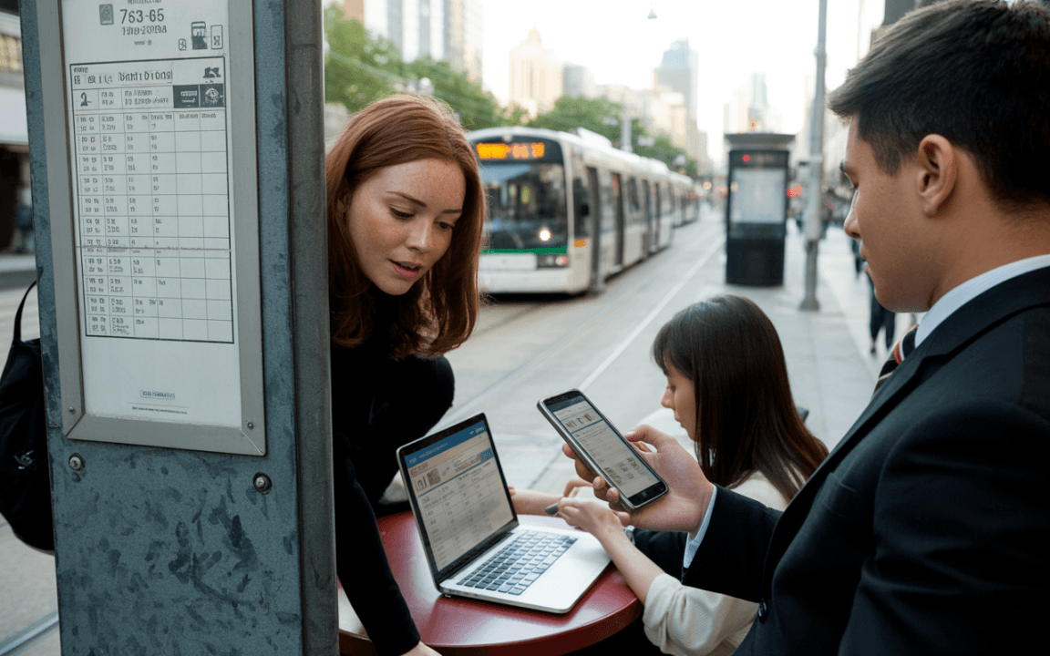 Trois personnes attendent un transport en commun, utilisant des appareils numériques, avec un panneau d'affichage en arrière-plan.