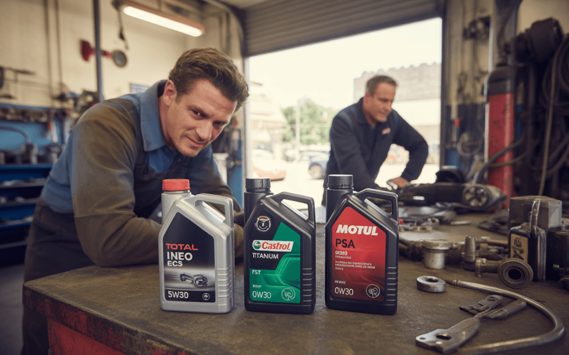 Deux mécaniciens dans un atelier avec des bouteilles d'huile moteur (Total, Castrol, Motul) sur un établi, outils éparpillés autour.