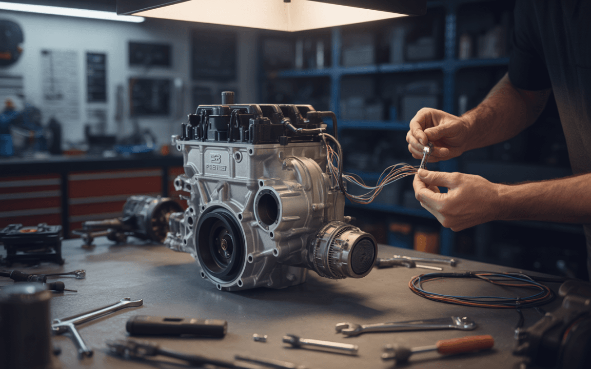 Un mécanicien travaille sur un moteur, en connectant des fils électriques, entouré d'outils dans un garage bien équipé.