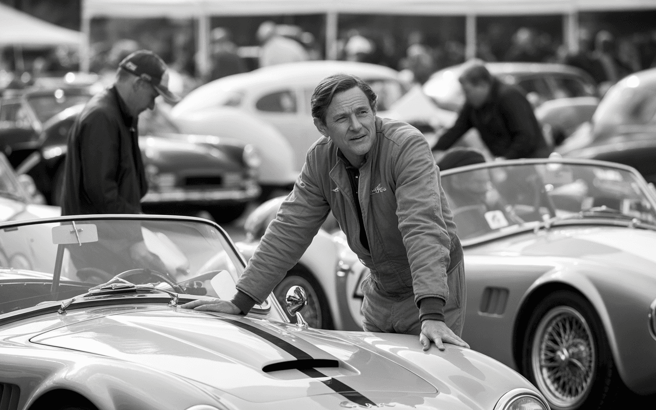 Homme en combinaison s'approchant d'une voiture de sport classique, entouré d'autres véhicules dans une ambiance de rencontre automobile.