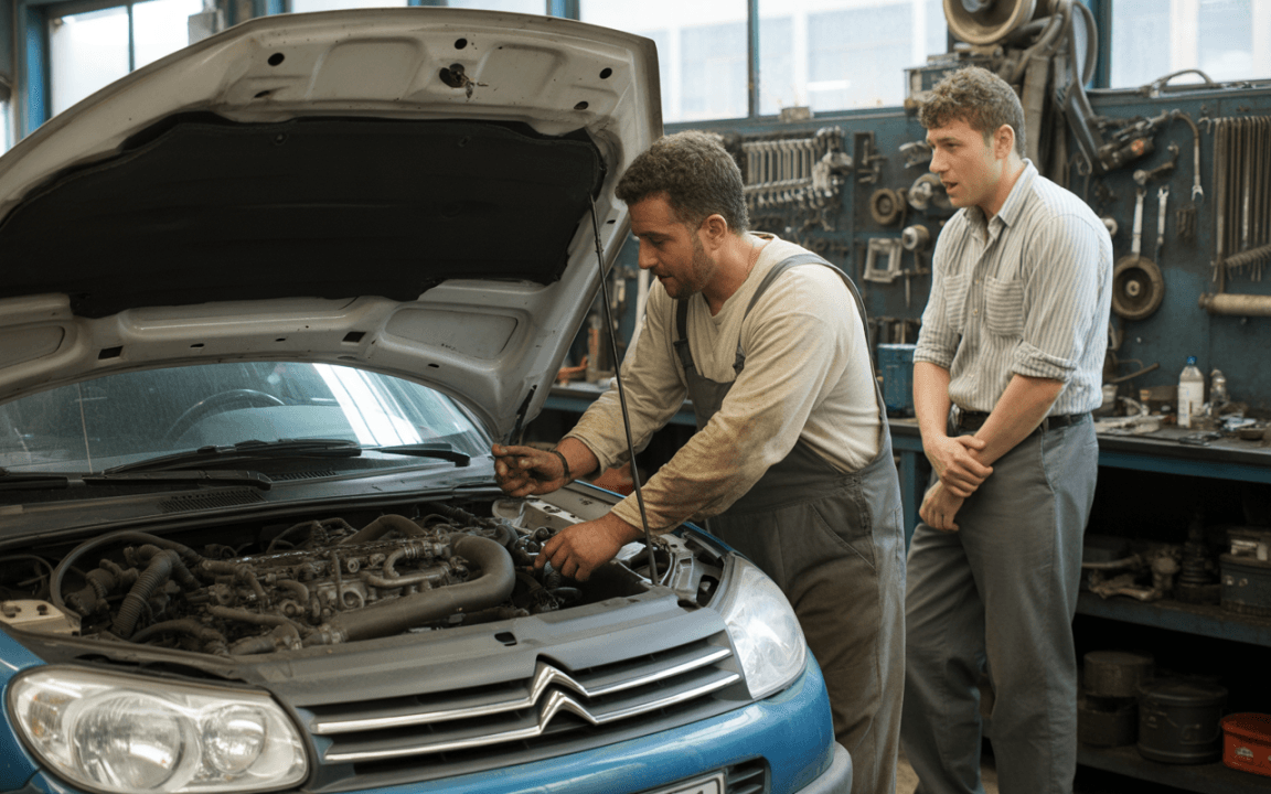 Un mécanicien examine le moteur d'une voiture bleue, tandis qu'un homme observe, dans un garage bien équipé.