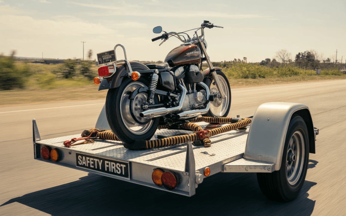 Une moto vintage est chargée sur une remorque, avec un panneau « SAFETY FIRST » visible, sur une route ensoleillée.