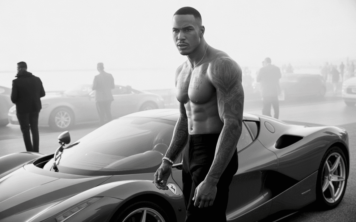 Homme musclé avec des tatouages, portant un pantalon noir, posé près d'une voiture de sport rouge dans une ambiance brumeuse.