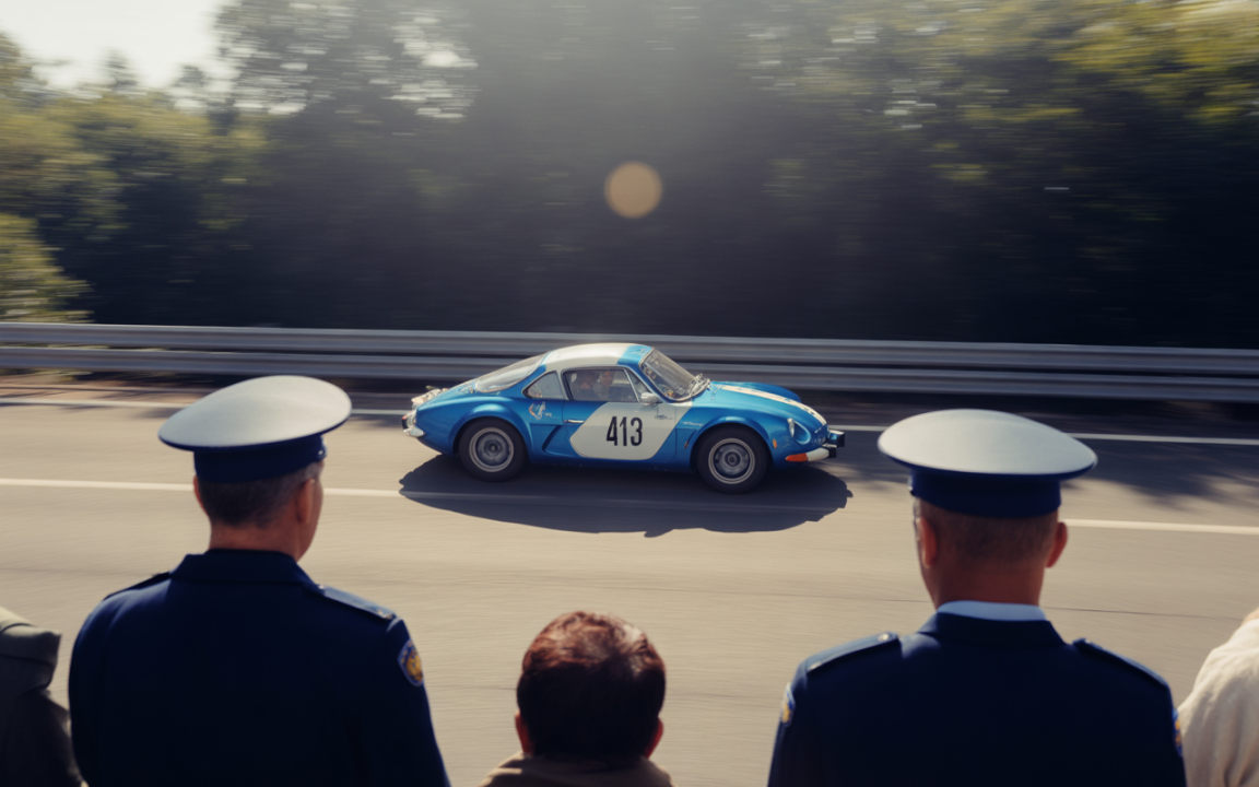 Une voiture de course bleue avec numéro 413 passe rapidement sur une route, observée par des policiers en uniforme.