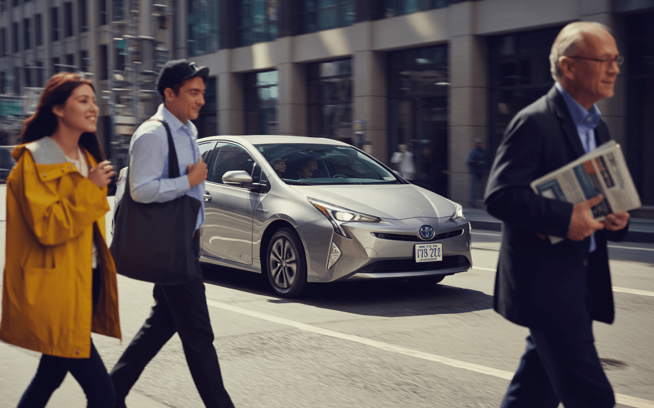 Trois personnes marchent dans une rue animée, tandis qu'une voiture Toyota Prius passe à proximité. Édifices modernes en arrière-plan.