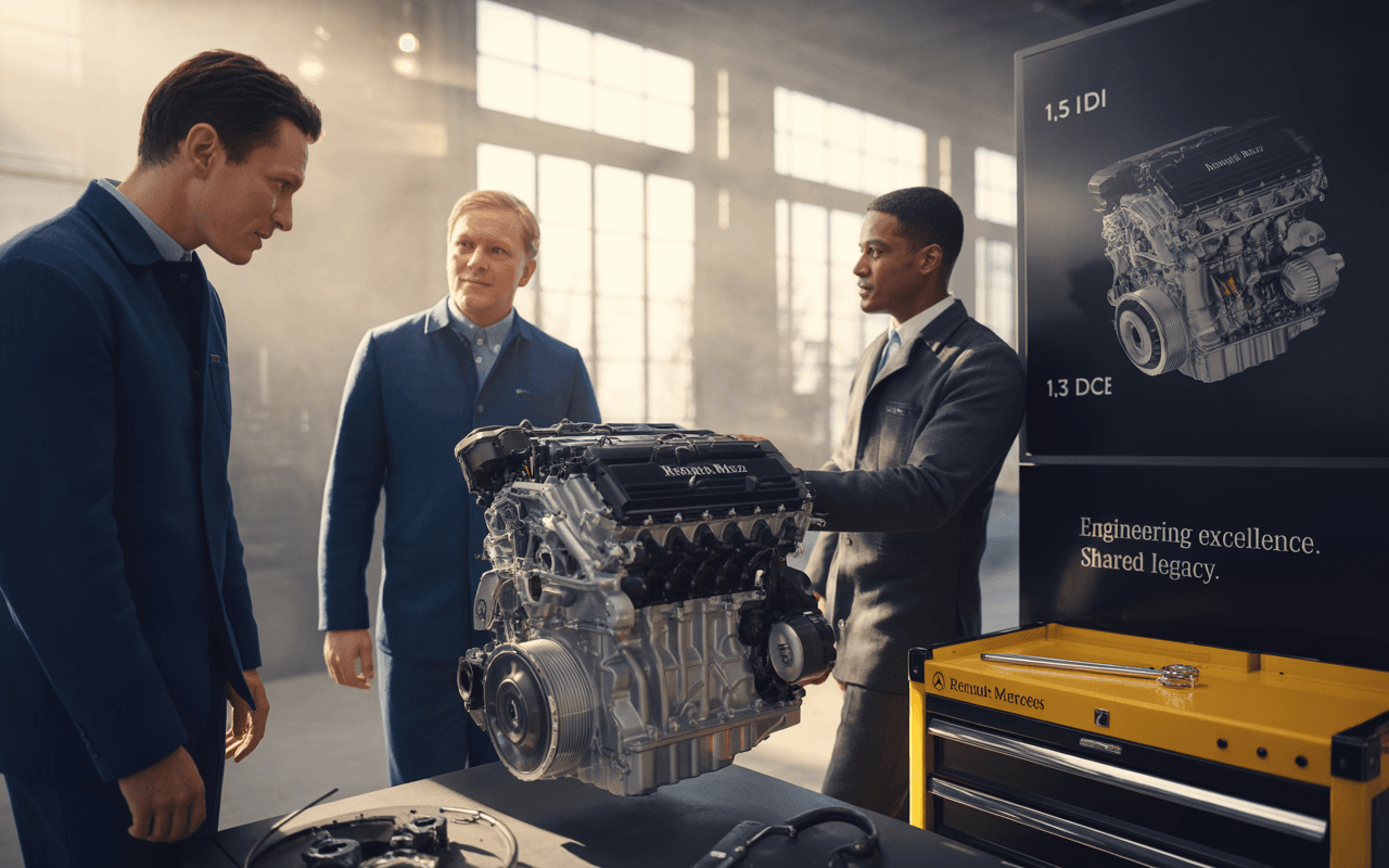Trois hommes en costume examinent un moteur automobile sur une table, avec un graphique affichant des spécifications à l'arrière-plan.