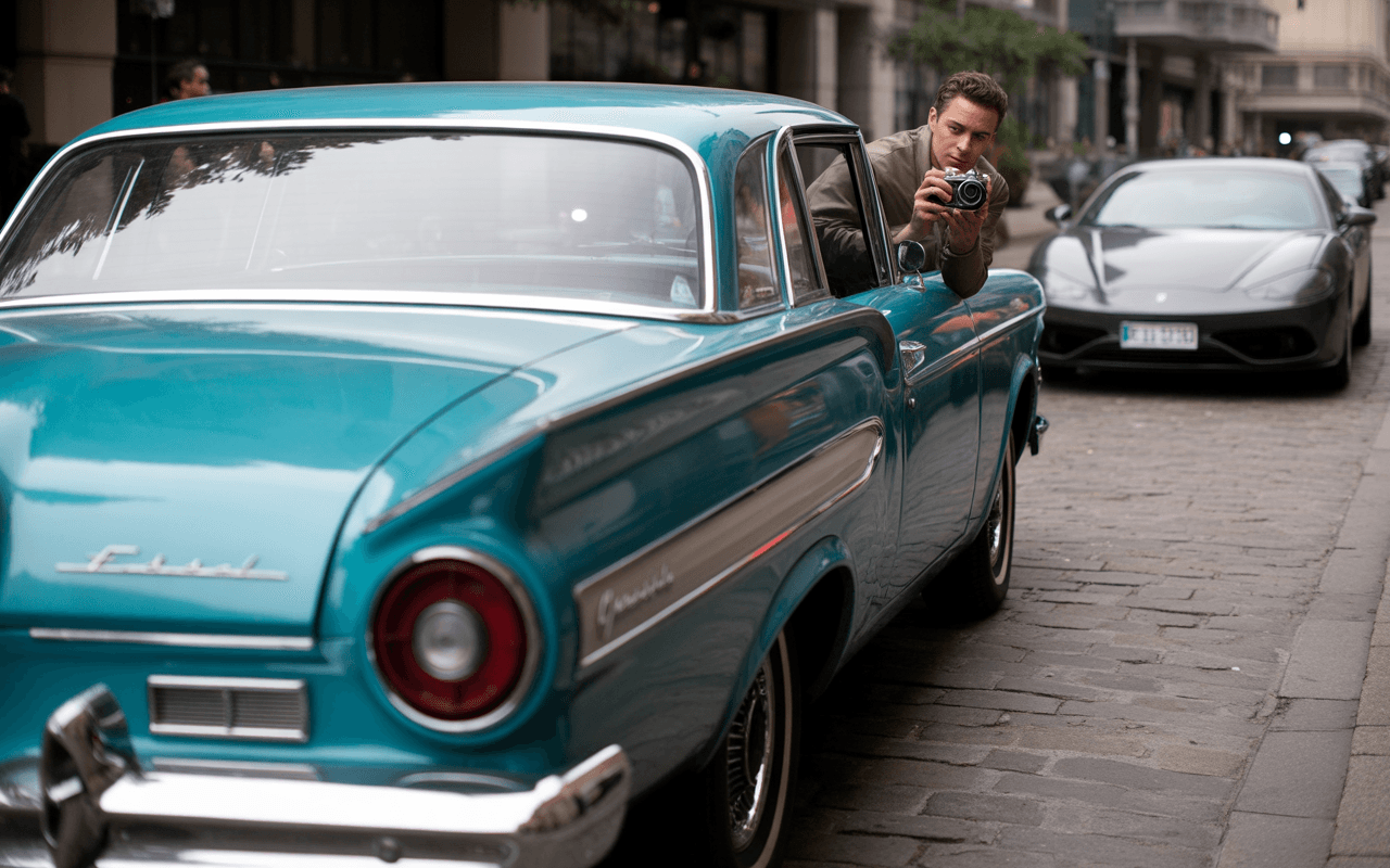 Un homme prend une photo depuis une voiture vintage bleue, tandis qu'une Ferrari noire est garée en arrière-plan.