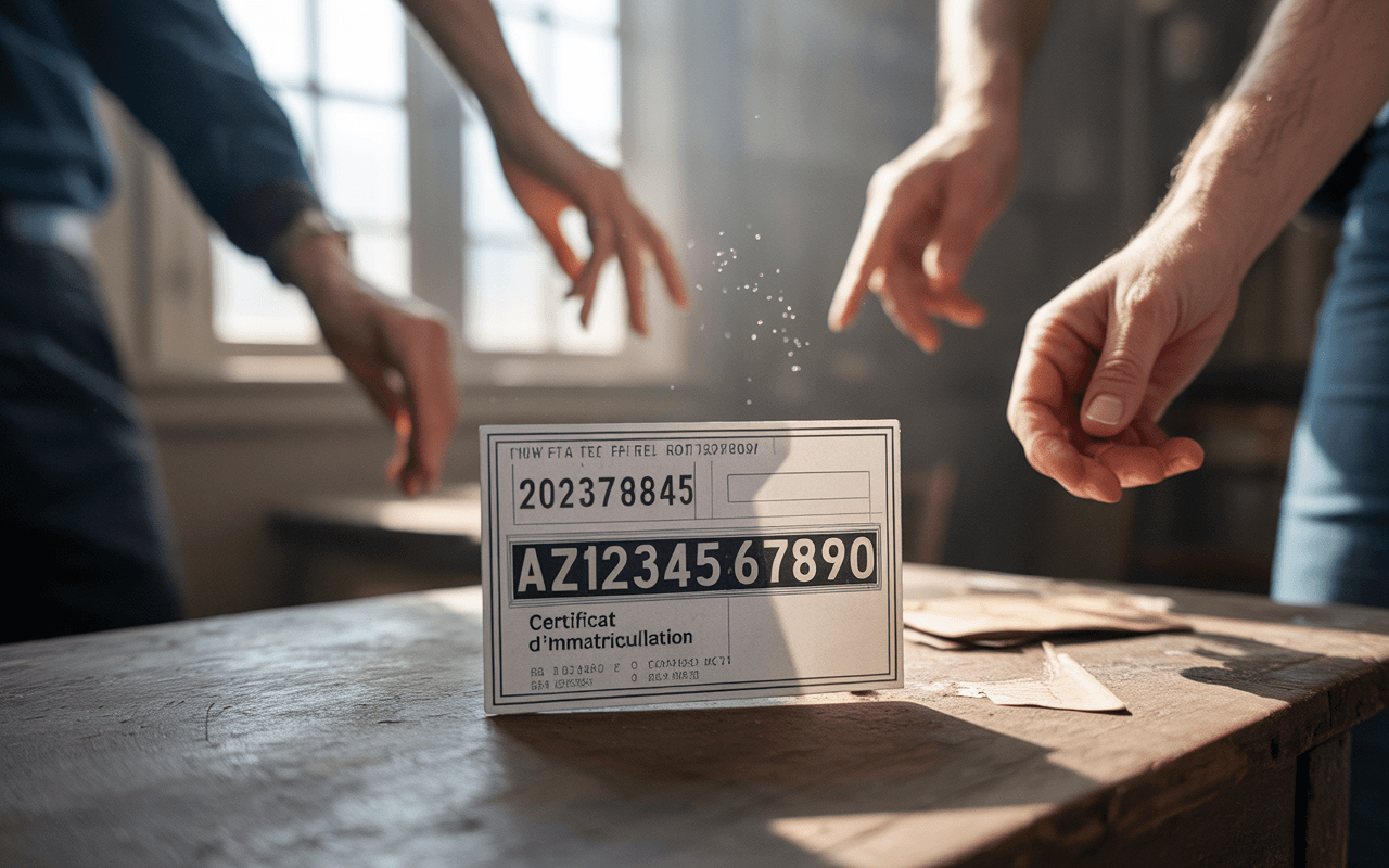 Certificat d'immatriculation sur une table, avec des mains qui s'approchent, dans un éclairage doux et poussiéreux.
