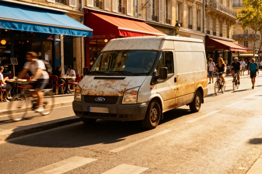 Fourgonnette rouillée sur rue animée, cyclistes passant devant café avec auvents colorés, ambiance urbaine ensoleillée.