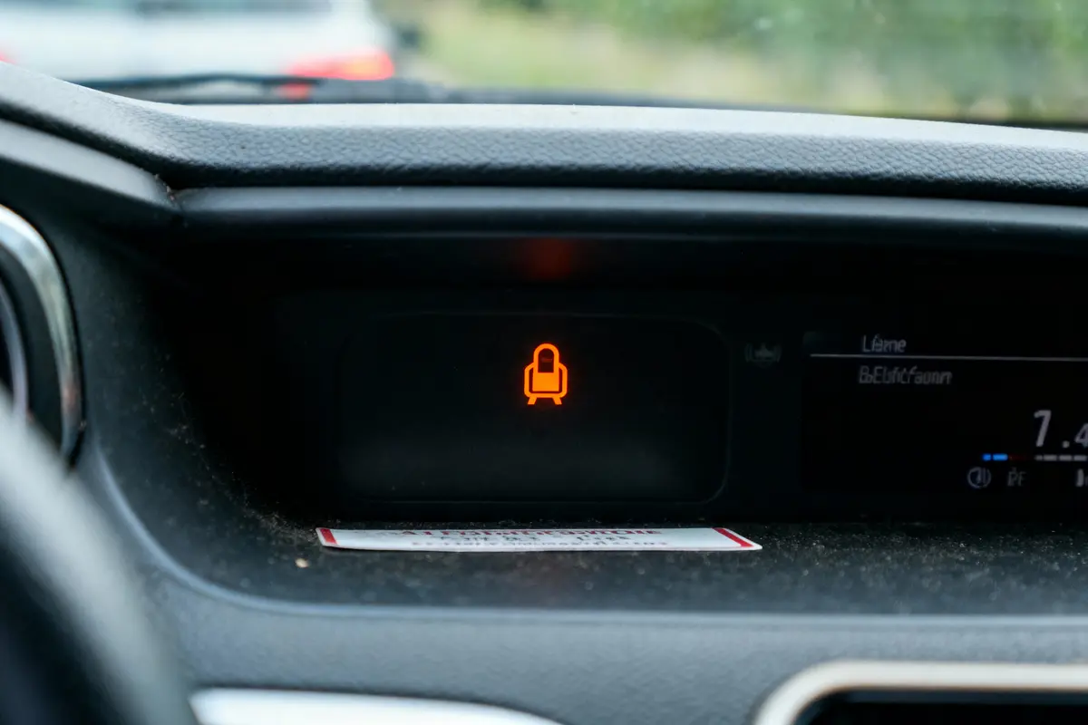 Tableau de bord de voiture avec témoin lumineux orange, probablement problème de sécurité ou porte non verrouillée.