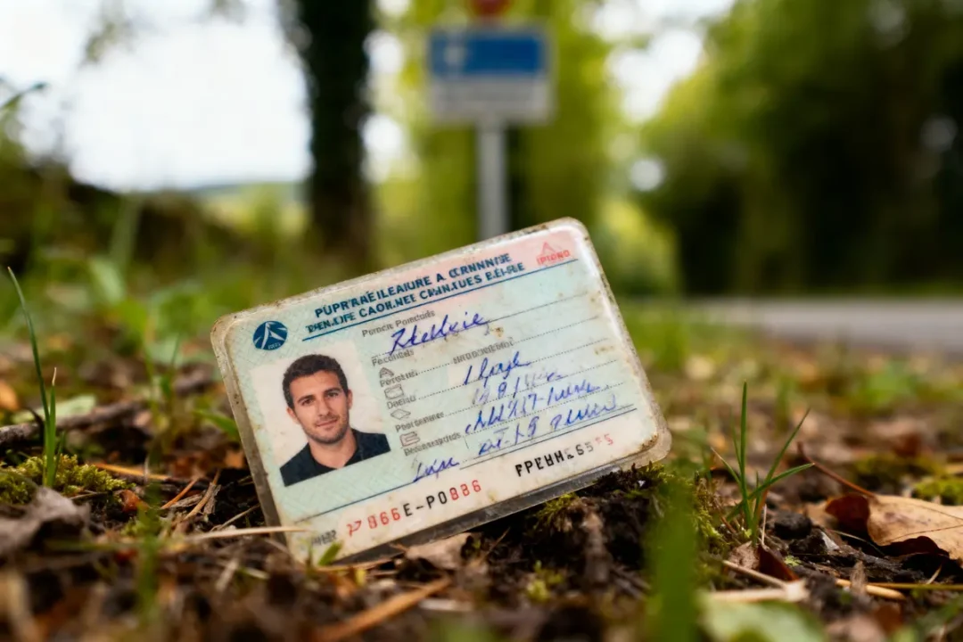 Carte d'identité sur le sol herbeux, flou d'arrière-plan montrant une route et un panneau.