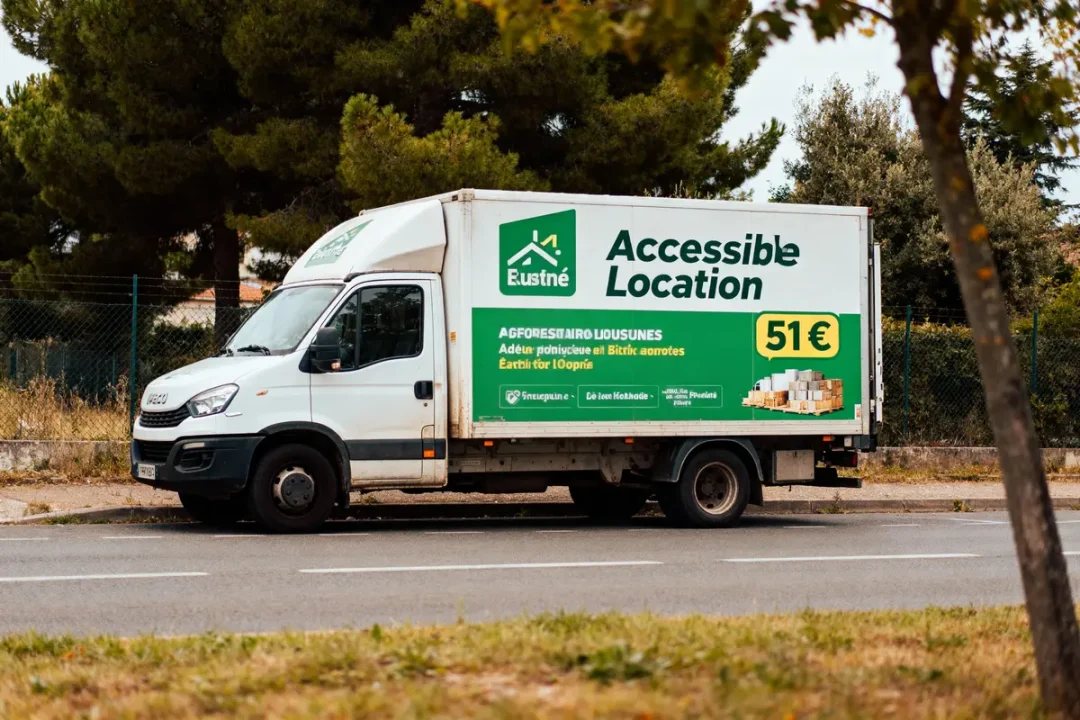 Camionnette de location blanche stationnée, publicité "Eustne" affichée sur le côté, tarif 51€. Arrière-plan d'arbres.