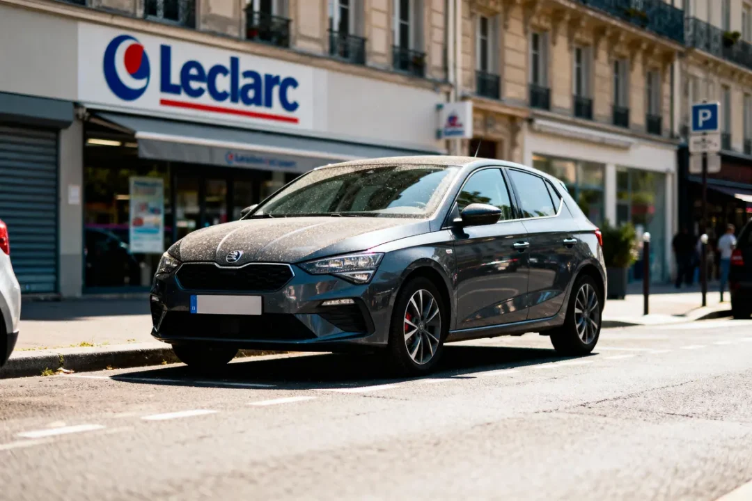 Voiture grise stationnée devant magasin Leclerc, rue ensoleillée, immeubles en arrière-plan.