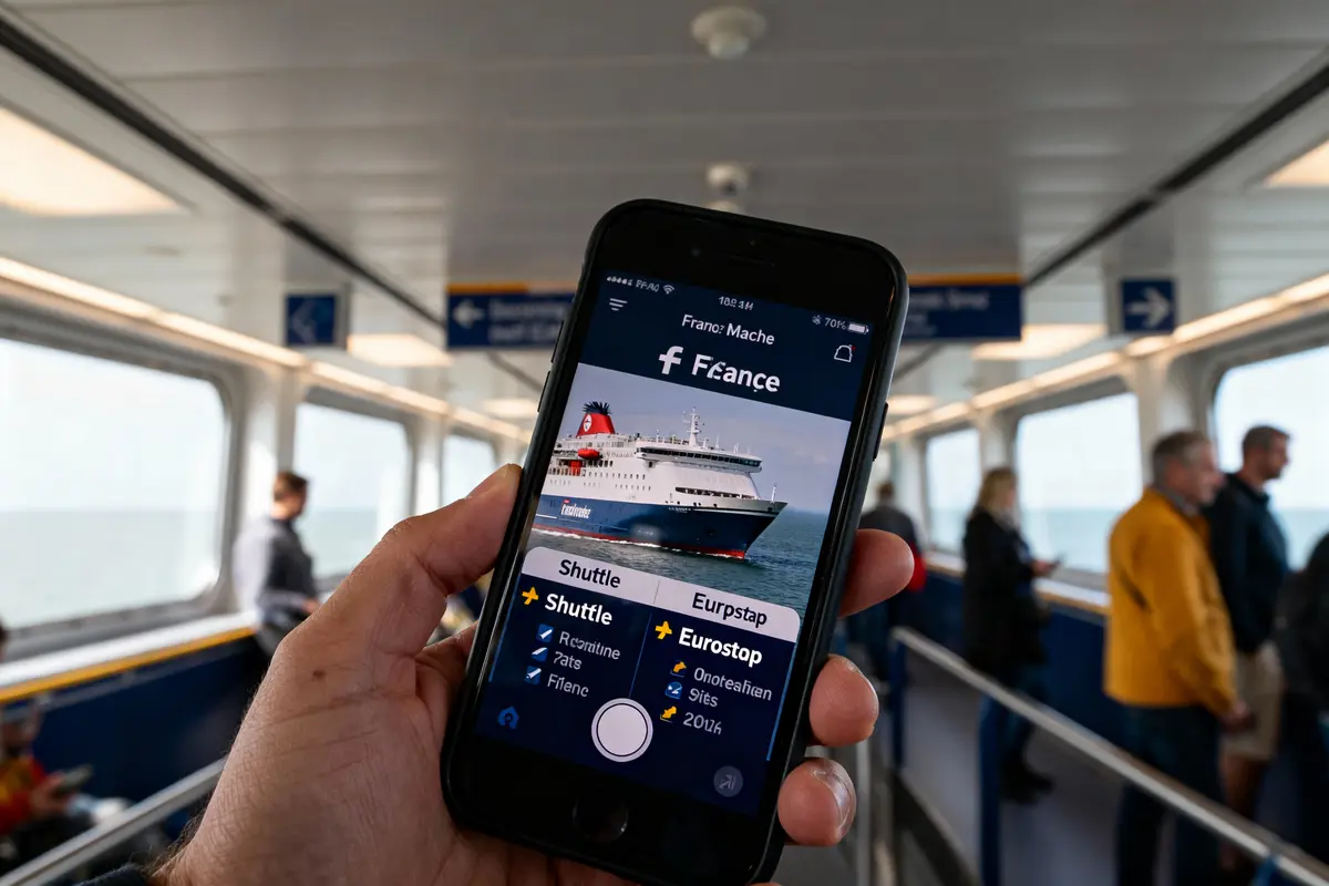 Smartphone montrant une application de ferry à bord d'un navire, passagers à l'arrière-plan.