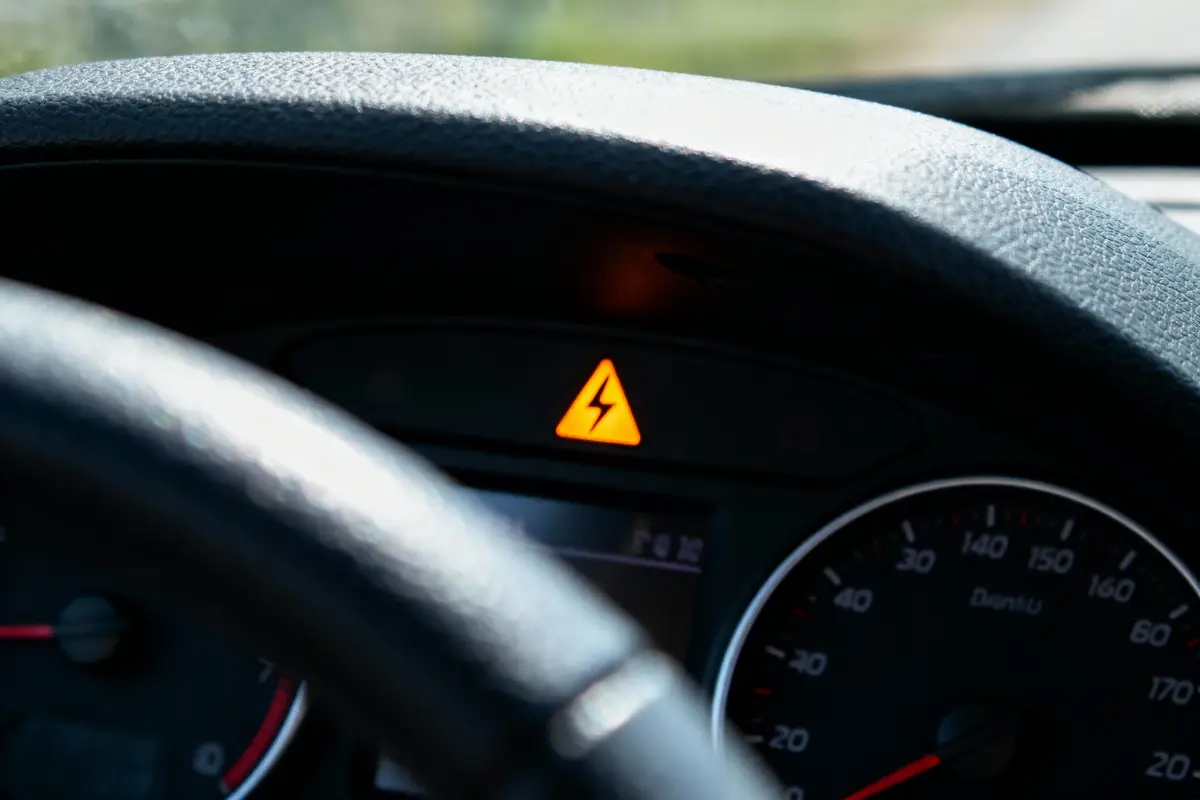 Tableau de bord de voiture avec voyant orange d’avertissement électrique allumé, volant en gros plan.