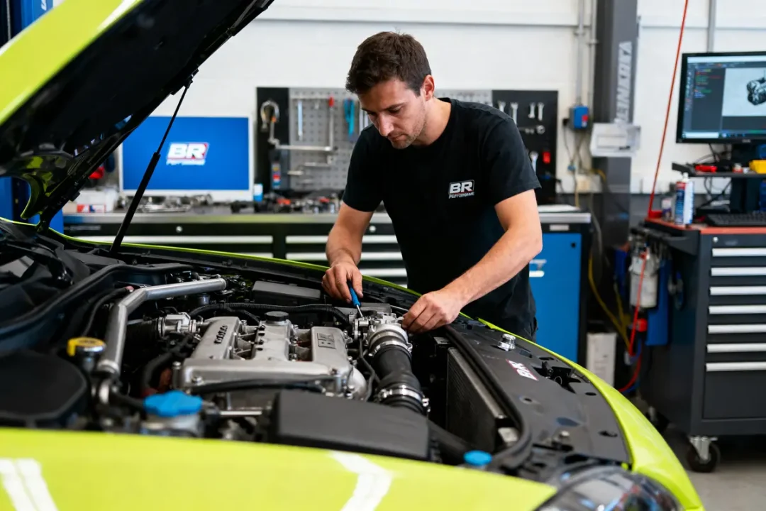 Mécanicien travaillant sur un moteur de voiture dans un atelier avec outils et équipements en arrière-plan.