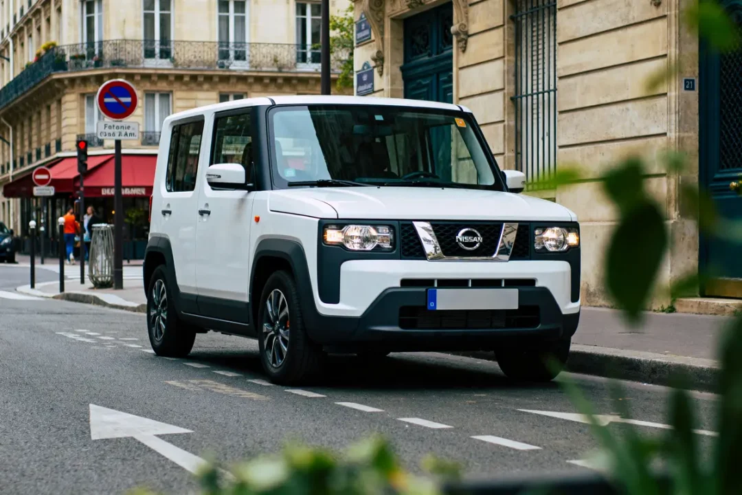 Voiture Nissan blanche sur rue urbaine, immeubles historiques en arrière-plan, végétation floue au premier plan.