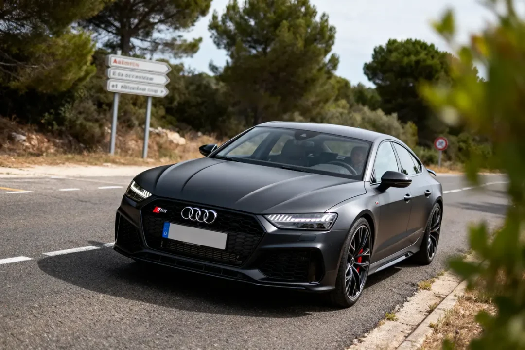 Voiture Audi noire sur route bordée d'arbres, avec panneaux indicateurs en arrière-plan, jour ensoleillé.